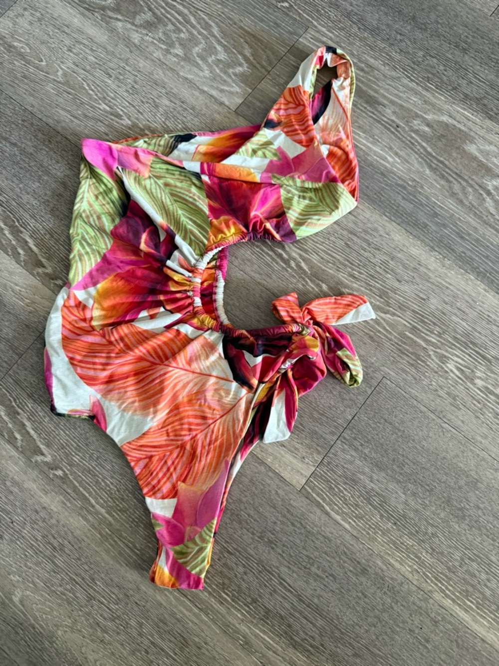 One-Piece Swimsuit in Pink, Orange, Green & White Tropical Print
